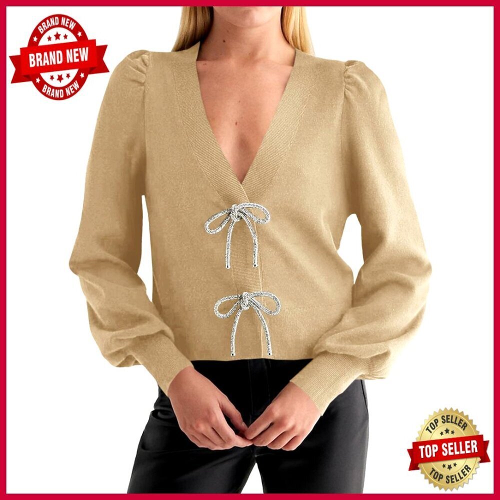 Cropped V-Neck Cardigan with Bow Detail, Button Front, Puff Sleeves